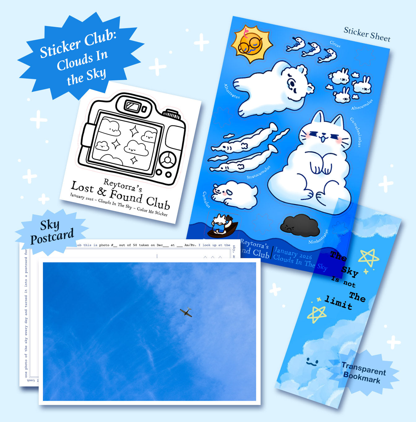 Collection of 'Lost & Found Club' cloud-themed stationery items on a light blue background.