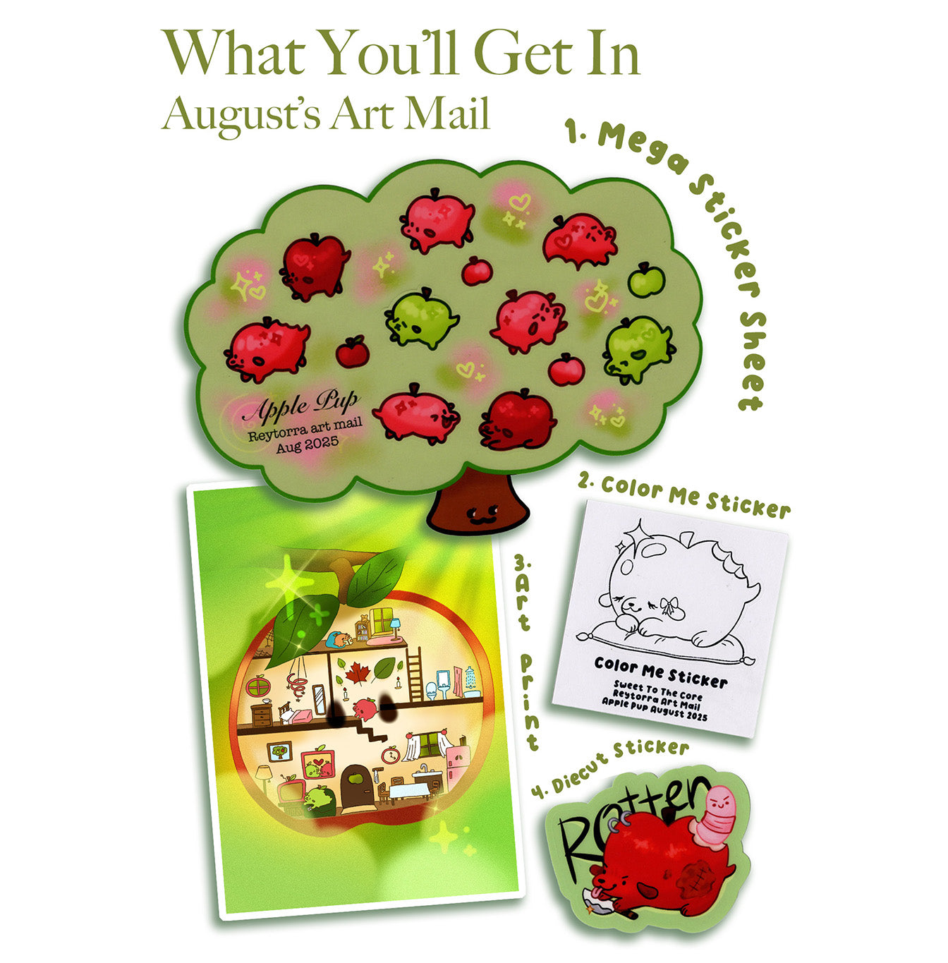 August's Art Mail package with stickers, a color me sticker, art print, and die-cut sticker.