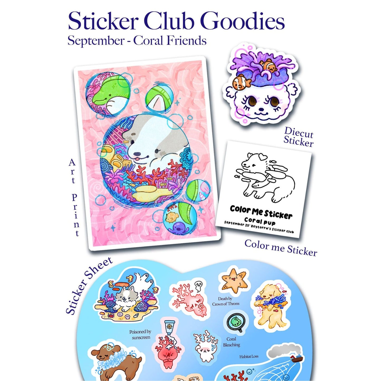 Sticker Club snail mail Goodies set with art print, diecut sticker, color me sticker, and sticker sheet on a white background.