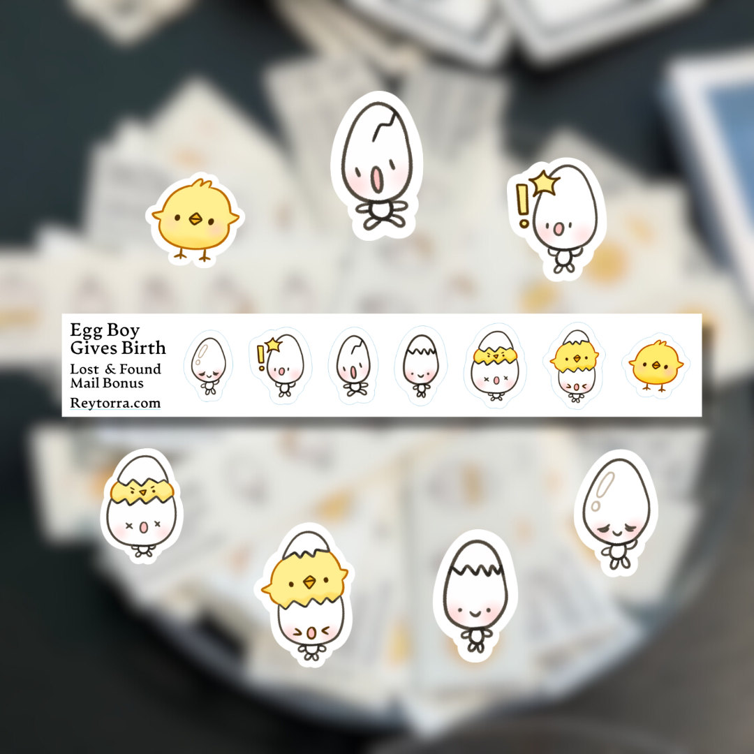 Set of cartoon egg characters with a banner displaying text on a blurred background sticker sheet