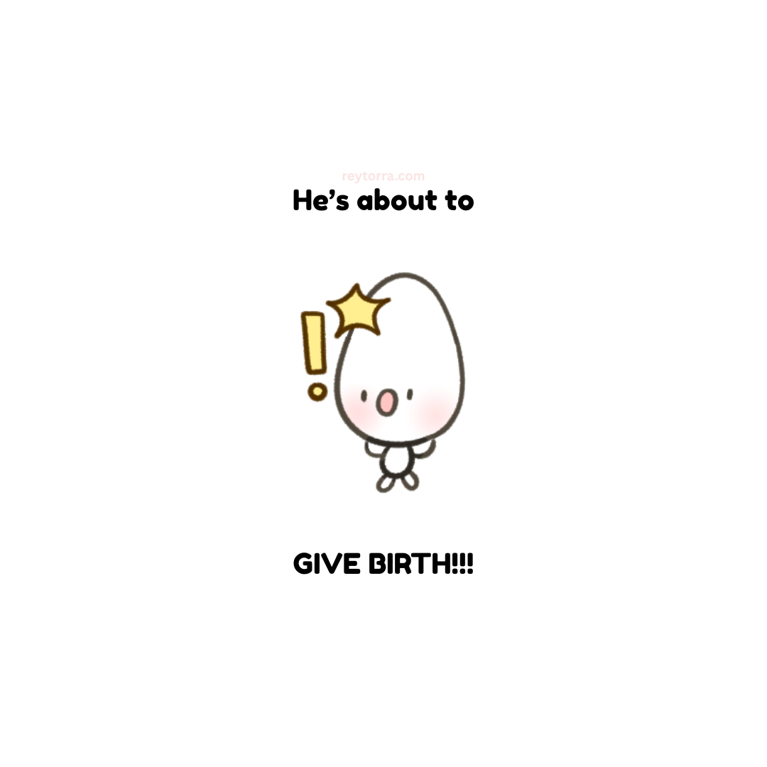 Cartoon character with a star above its head and text indicating impending birth on a white background