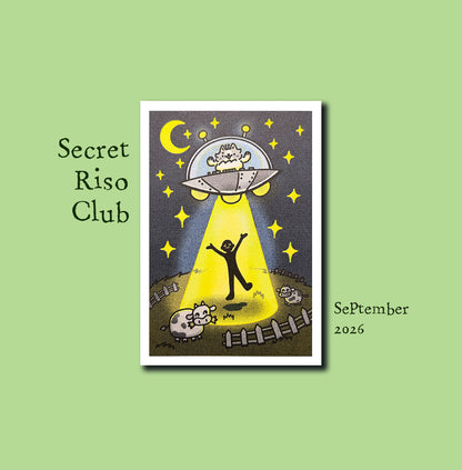 A square illustrated card or print centered on a light green background, with the text 'Secret Riso Club' on the left and 'September 2026' on the right. The artwork shows a dark night sky with a crescent moon, stars, a UFO with a figure inside, and a black silhouette standing under a bright yellow beam of light.