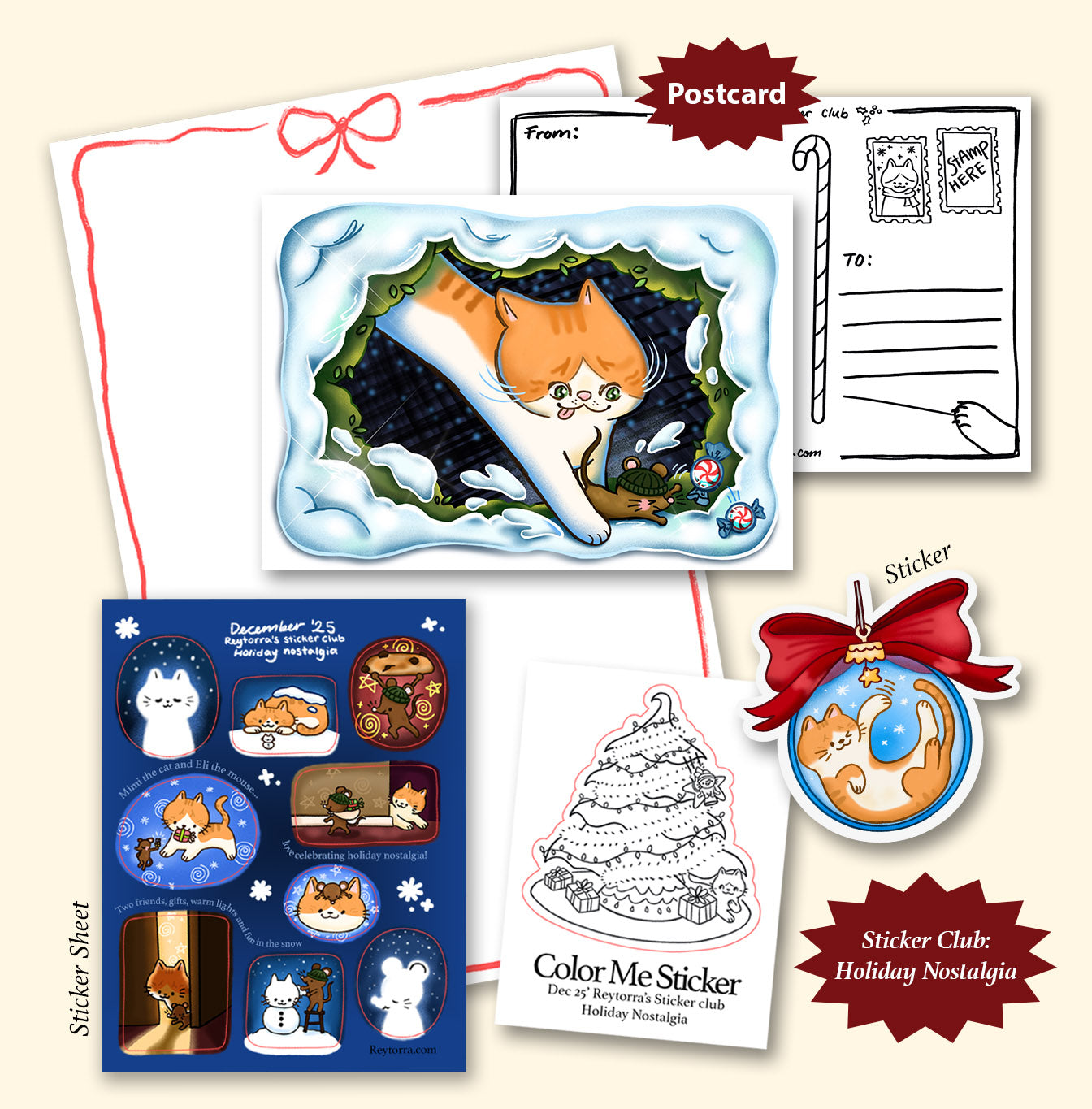 December sticker club with cute cat and mouse art. Get art every month delivered to your door. 