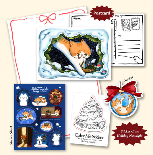 December sticker club with cute cat and mouse art. Get art every month delivered to your door. 