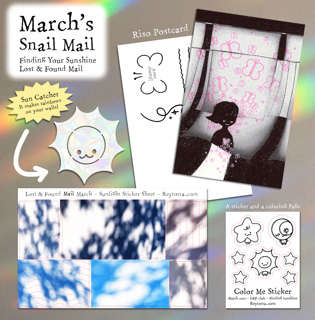 Collage of various items including a sun catcher, postcard, and stickers with a colorful background for sticker club, print club, snail mail club
