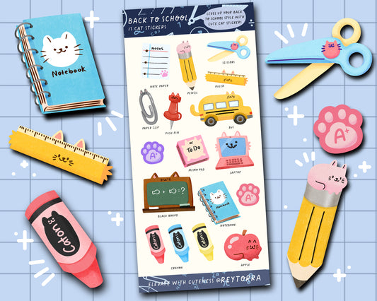 Cat School Sticker Sheet - 17 Stickers