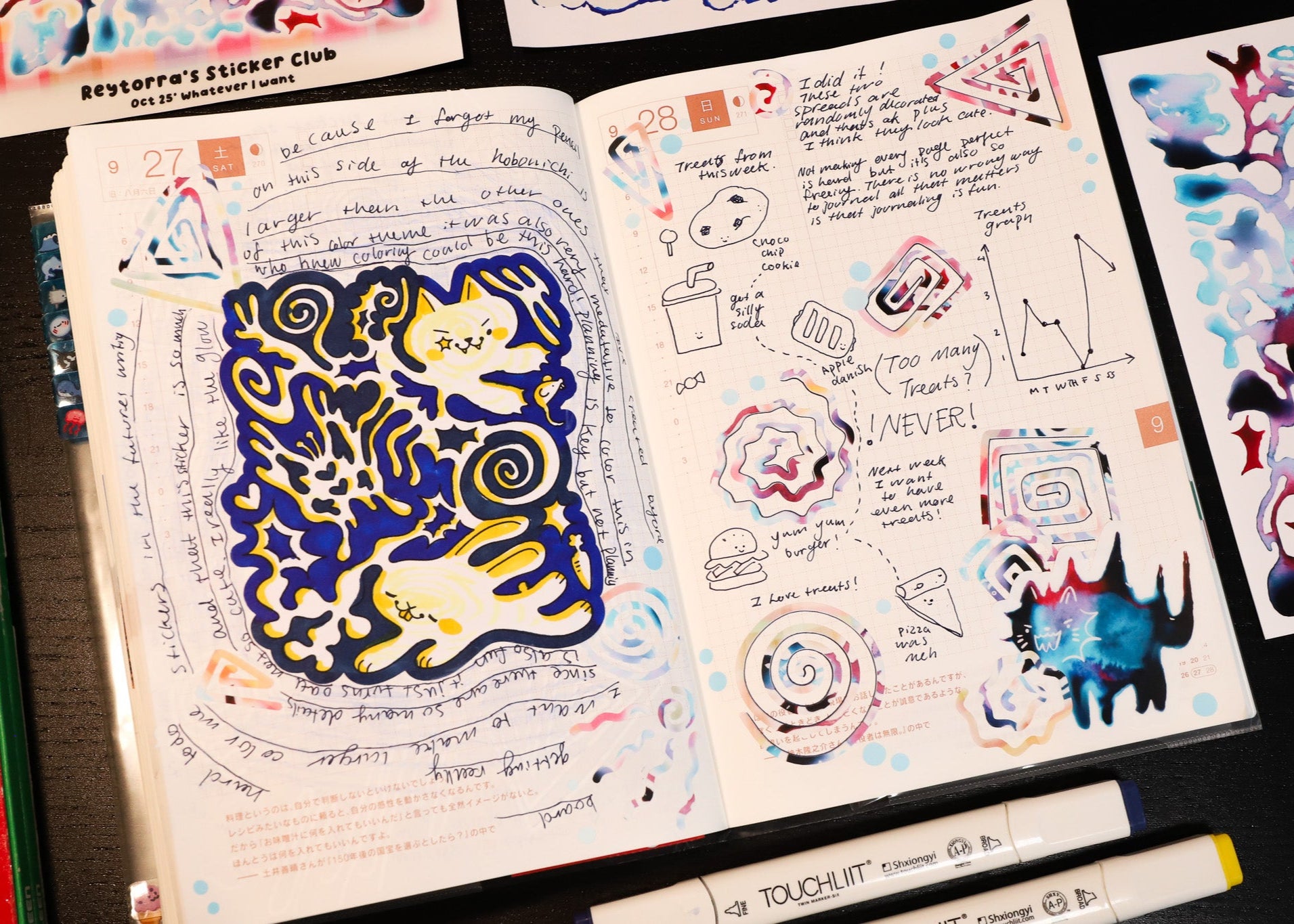 Open notebook with colorful illustrations and text, surrounded by additional art supplies.