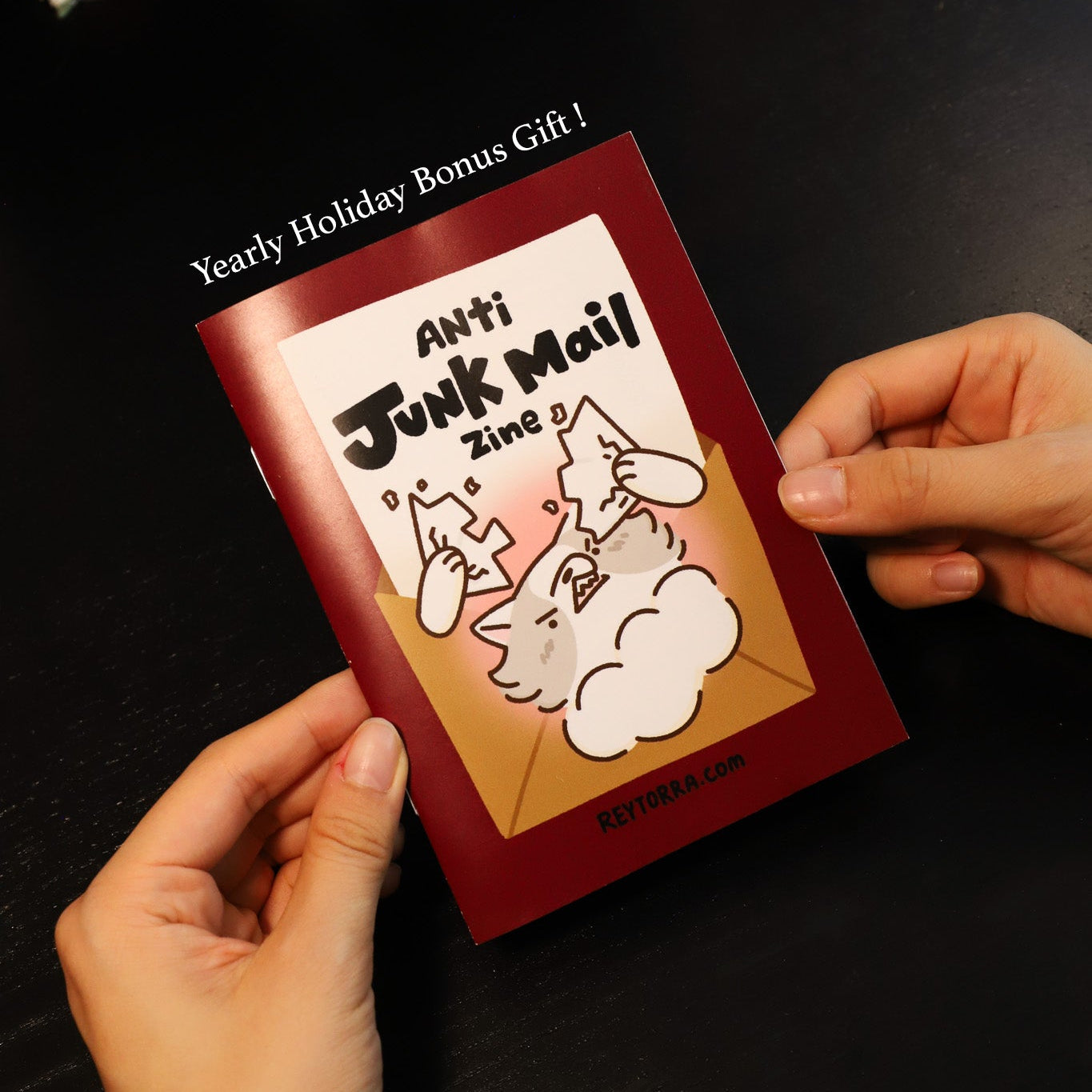 Person holding a zine titled 'Anti Junk Mail Zine' on a dark surface