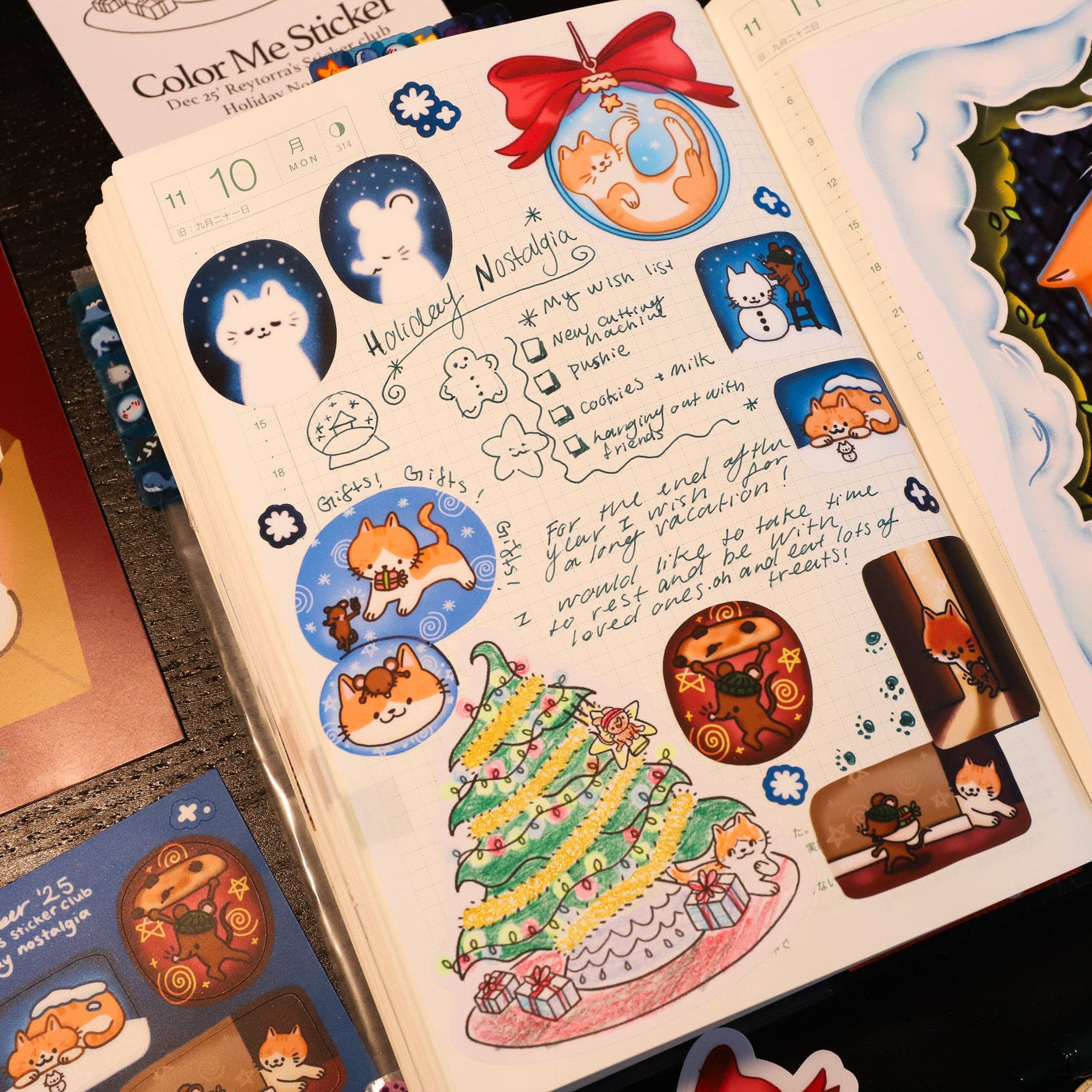 Sticker book with colorful stickers featuring animals and festive designs.