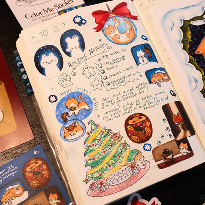 Sticker book with colorful stickers featuring animals and festive designs.
