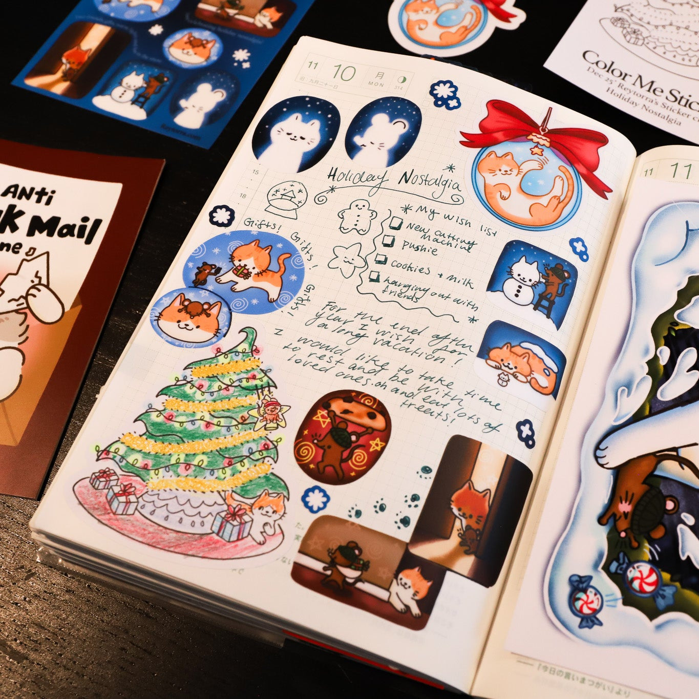 Sticker book with various stickers, including a cat, cake, and other illustrations.