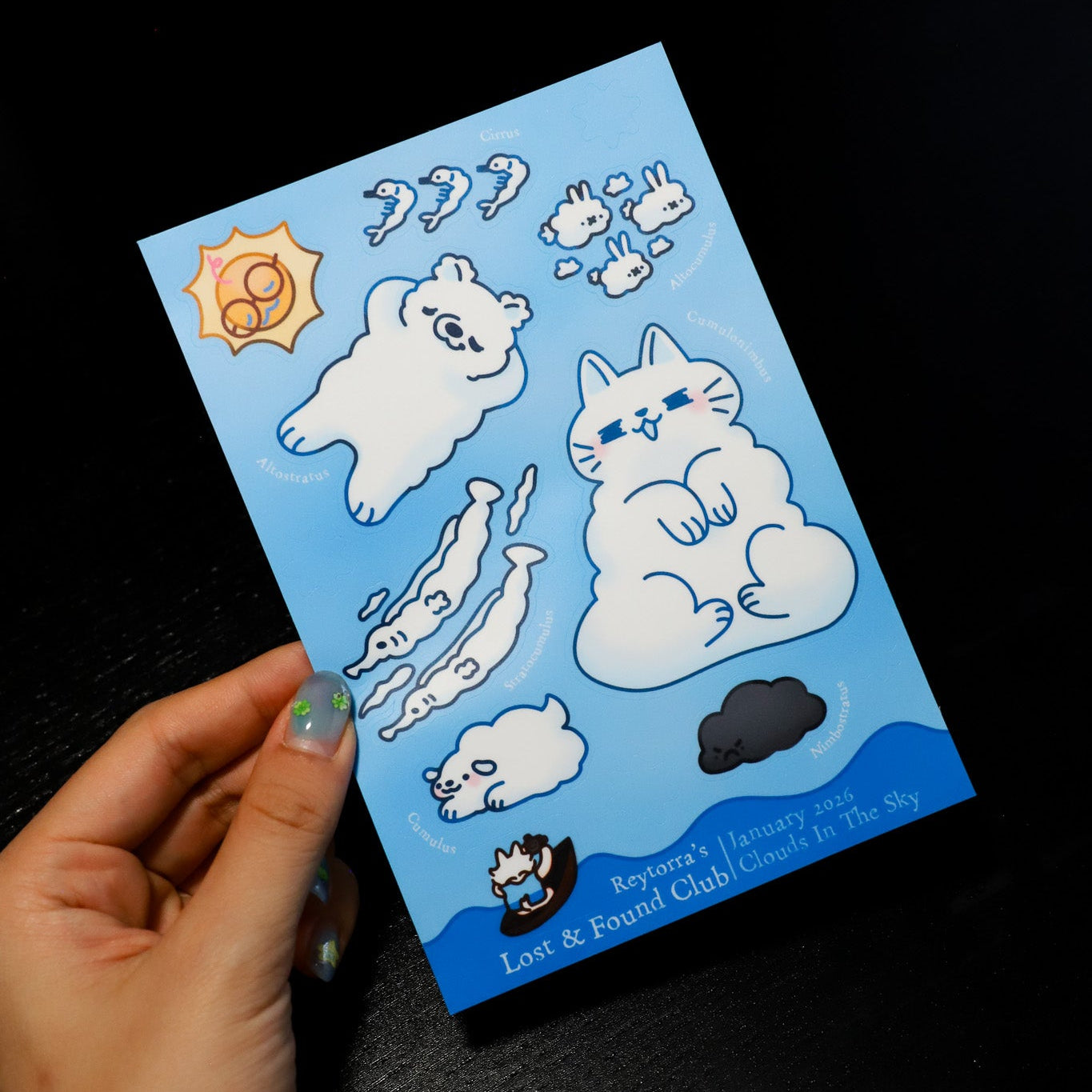 Sticker sheet with cartoon cat designs held by a hand on a dark surface
