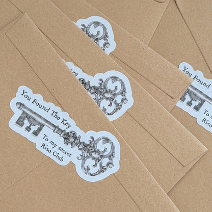 RISO print club monthly snail mail subscription. Kraft paper envelopes with decorative key stickers on a matching brown background
