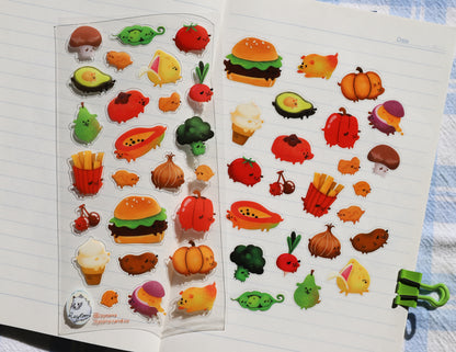 Food Dog Sampler Sticker Sheet - 25 Stickers a collection of fruit, veggie and junk food dogs