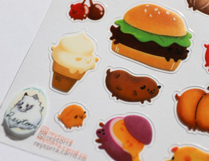 Food Dog Sampler Sticker Sheet - 25 Stickers a collection of fruit, veggie and junk food dogs