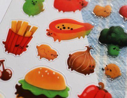 Food Dog Sampler Sticker Sheet - 25 Stickers a collection of fruit, veggie and junk food dogs