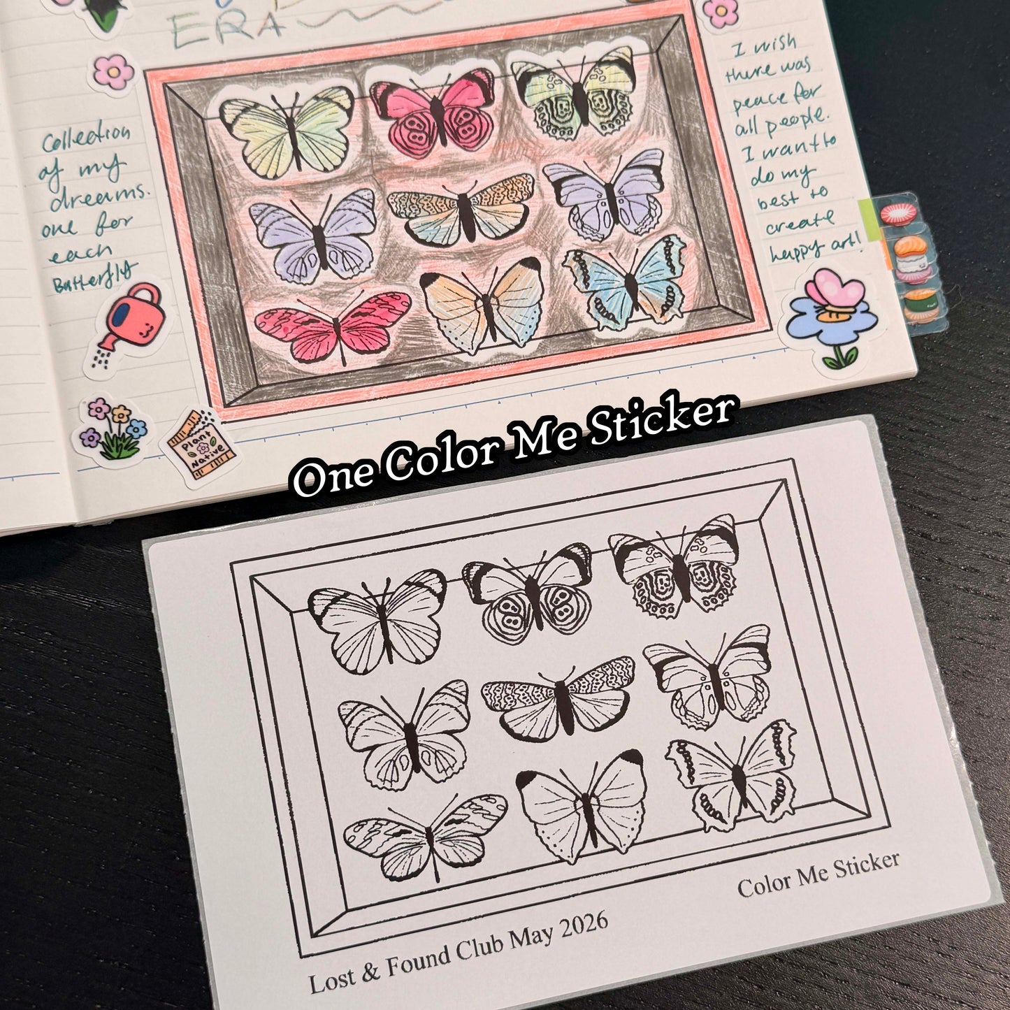 Colorable butterfly stickers on a book page with 'Once Color Me Sticker' text.