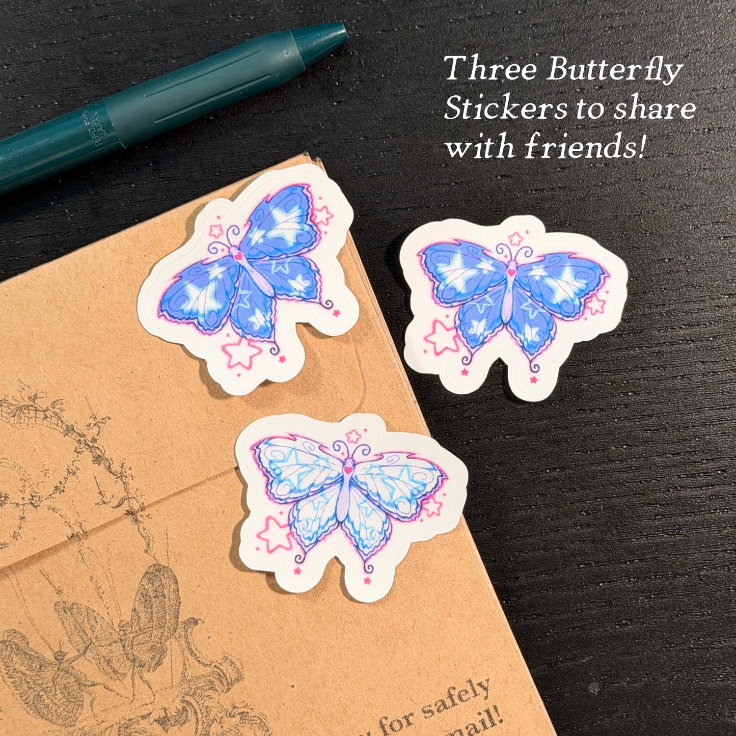 Three butterfly stickers on a textured surface with text 'Three Butterfly Sticker to share with friends!'.