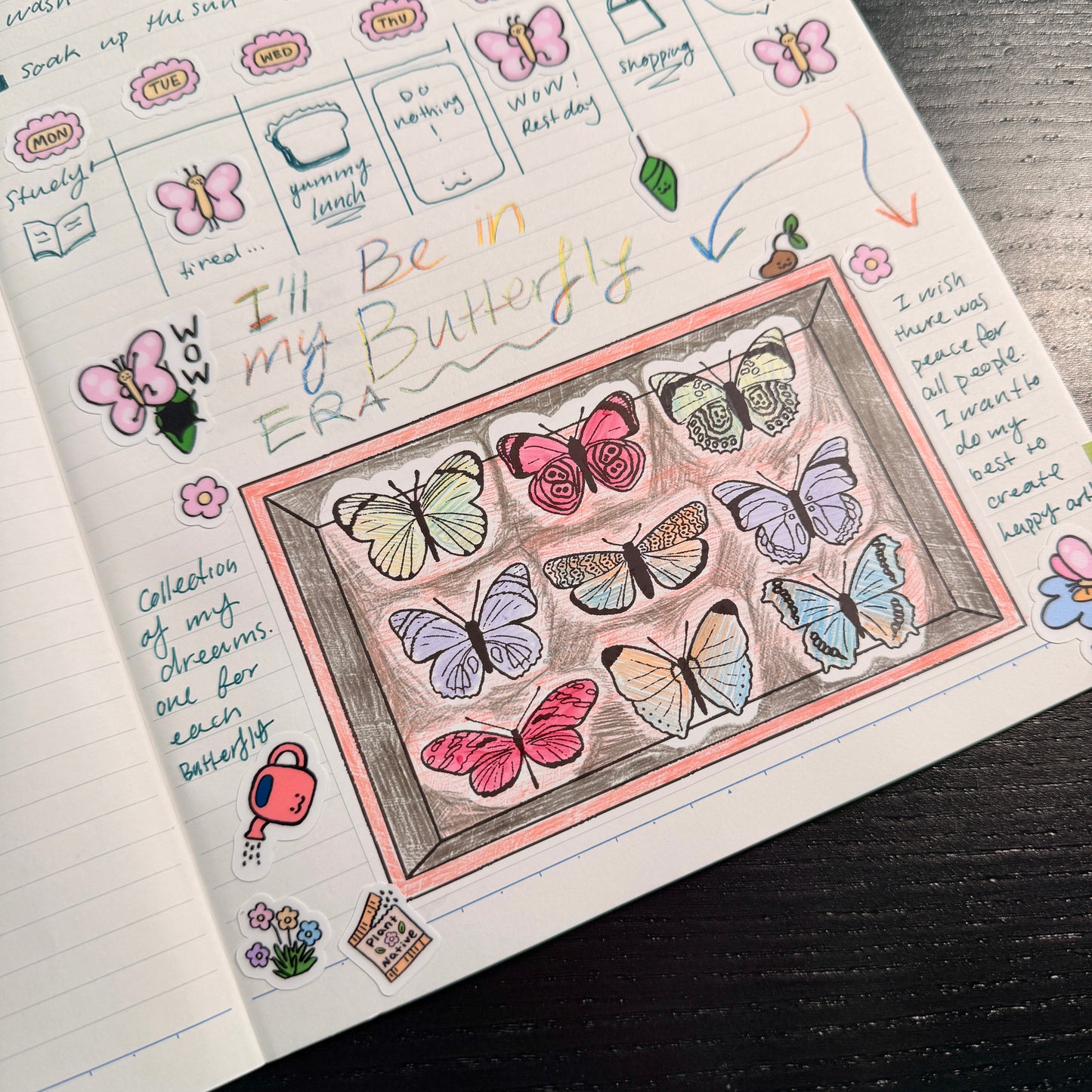Hand-drawn illustration of butterflies on a notebook page with text and stickers.