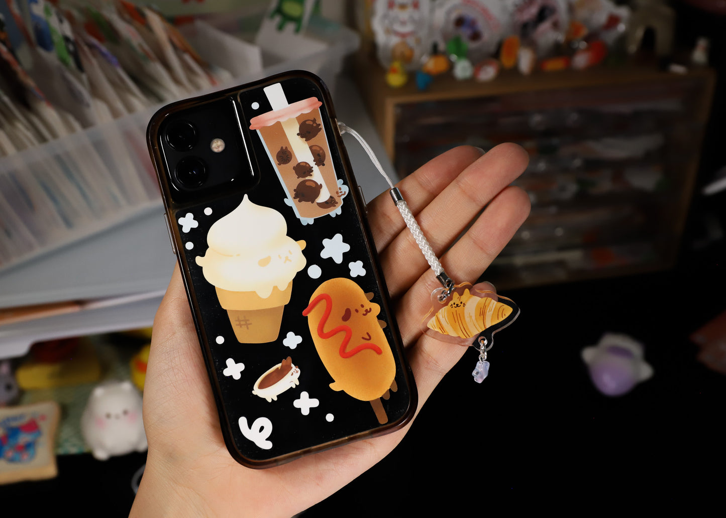 Croissant Cat Phone Charm Keychain