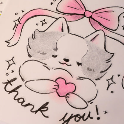 Cartoon cat with a pink bow and 'thank you!' text on a colorful background