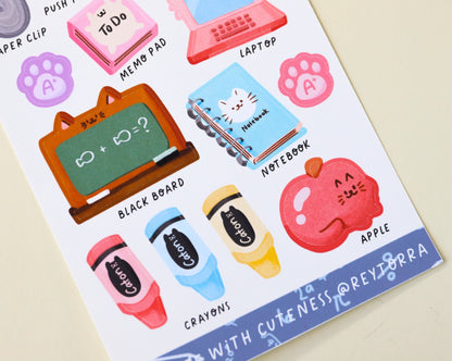 Cat School Sticker Sheet - 17 Stickers