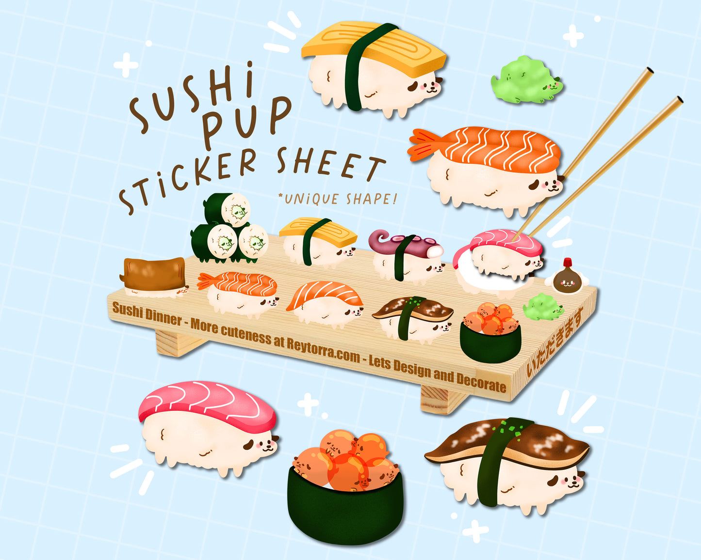 Sushi Dog Sticker Sheet - 11 Cute Stickers