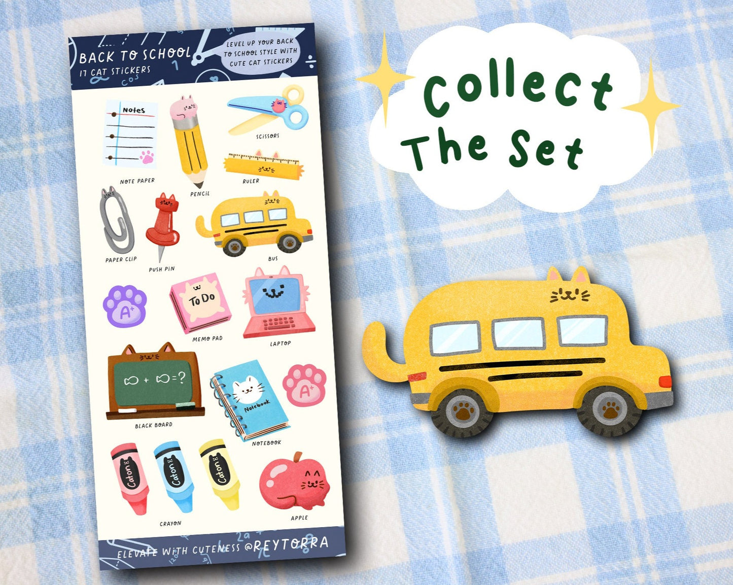 Cat School Sticker Sheet - 17 Stickers