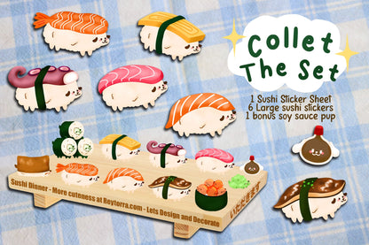 Sushi Dog Stickers - Salmon, Tuna, Octopus, Shrimp, Tamago, Eel