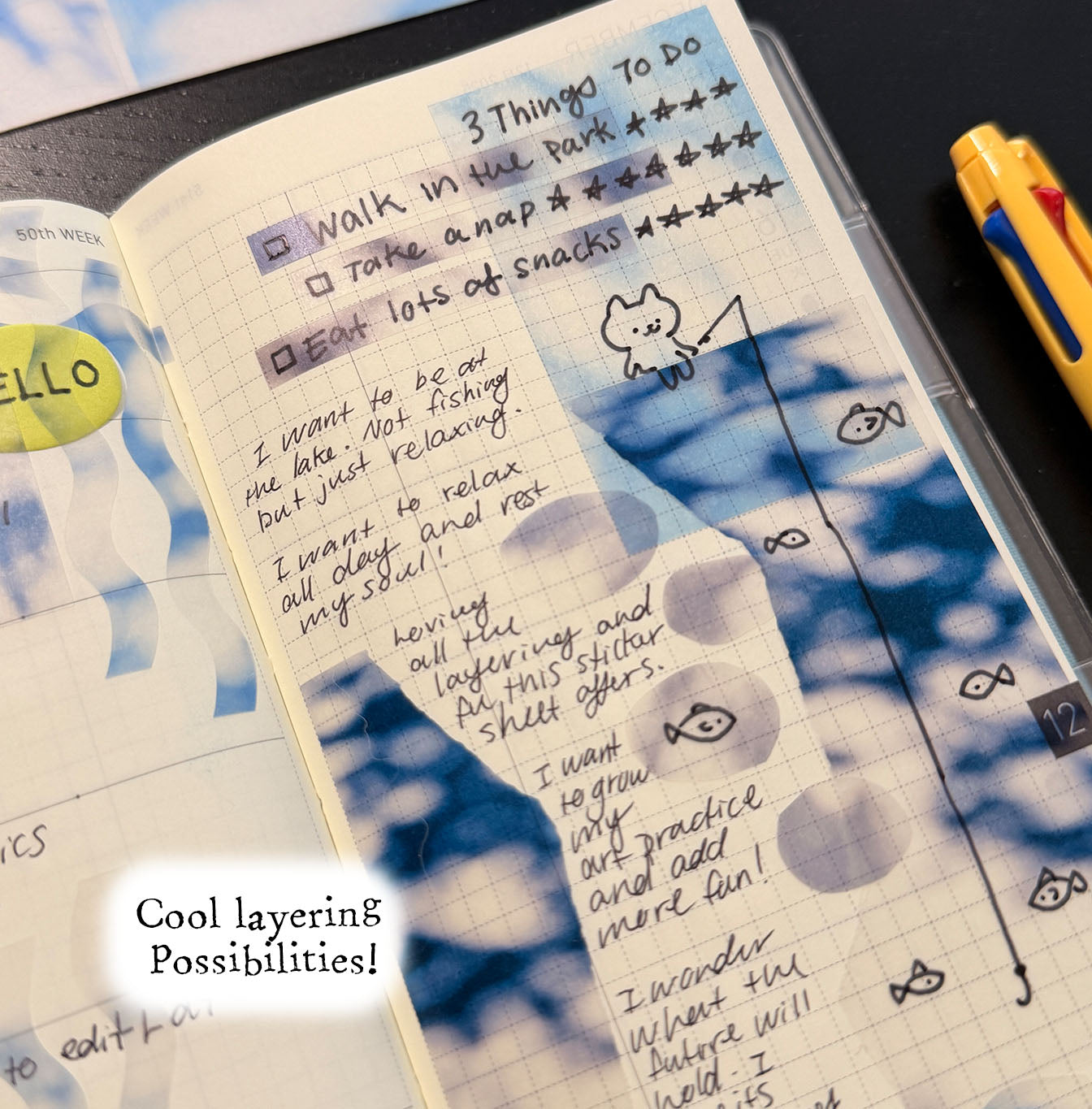 Journal entry with hand-written text and illustrations on a planner page.