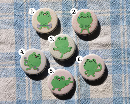 Dumbbell Frog Button Pins - 6 to Collect