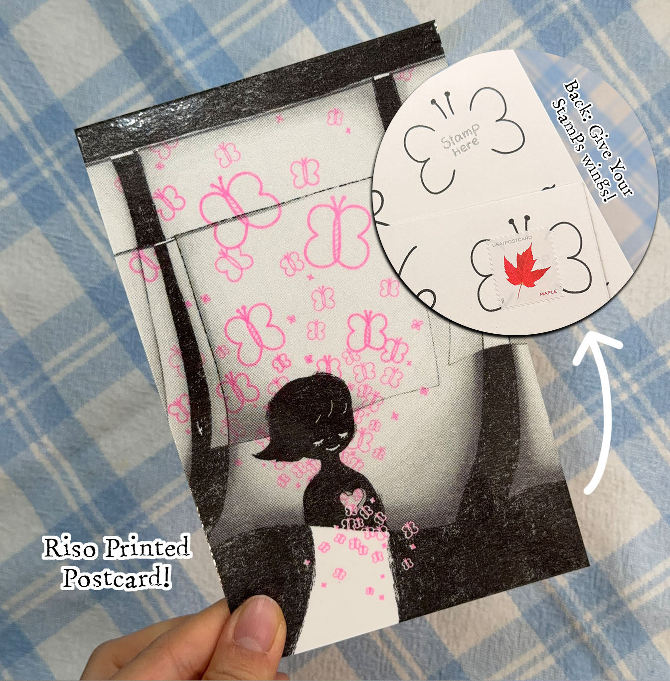 Riso printed postcard with butterfly design on a blue plaid background for monthly snail mail club